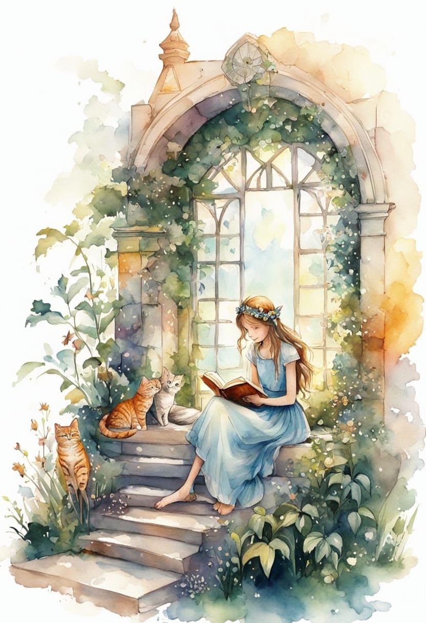 Gentle Fairy in Lush Nature Scene, Watercolor Art