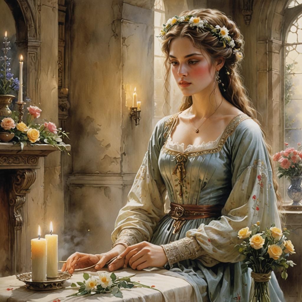 Dreamy Woman Blowing Out Candle in Watercolour