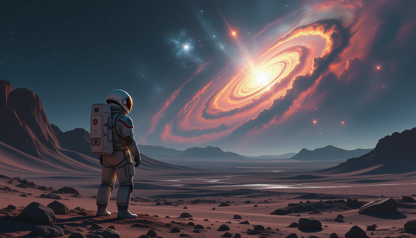 Astronaut Gazes at Nebula on Alien World