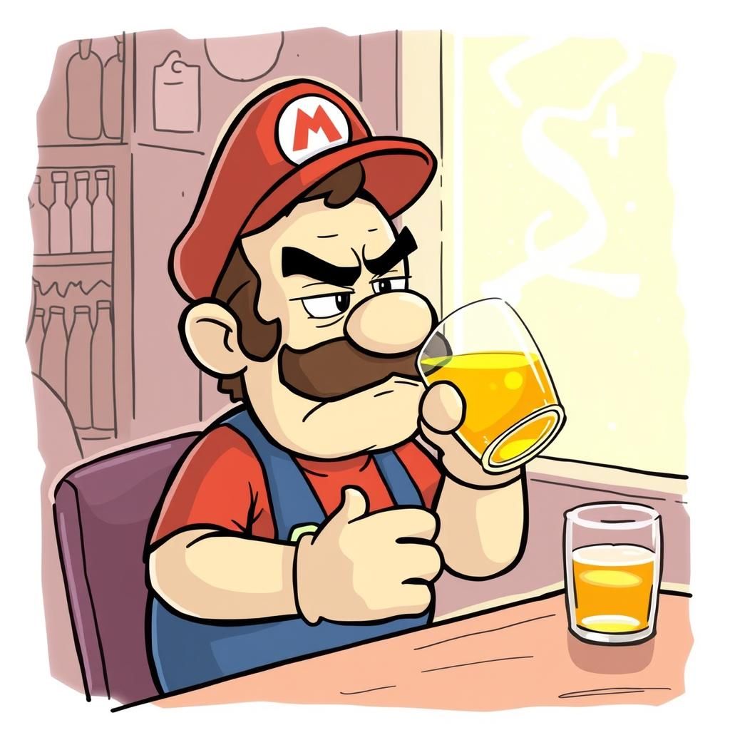 Grumpy Mario Drinks in Whimsical Cartoon Style