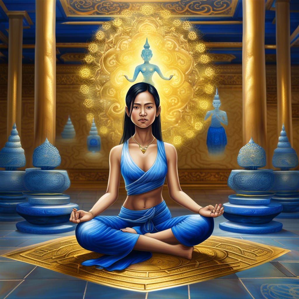 Thai Woman Meditating in Temple with Aura