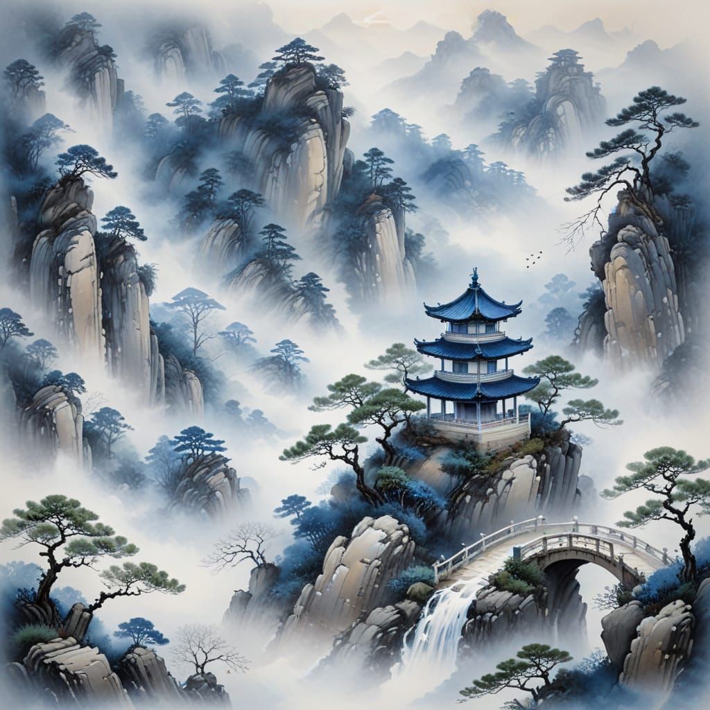 Mystical Blue Ink Painting of Mountain Pavilion