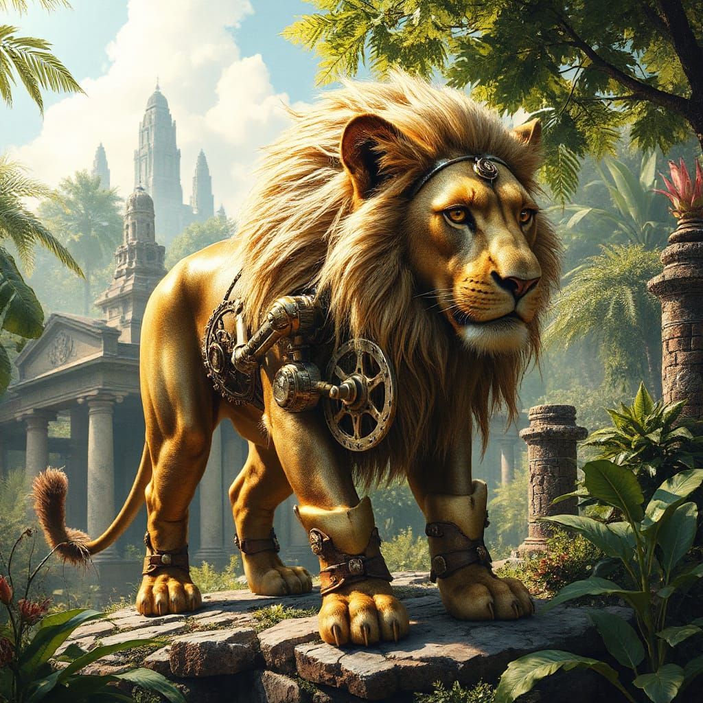 Steampunk Lion in Vintage Scientific Illustration Style