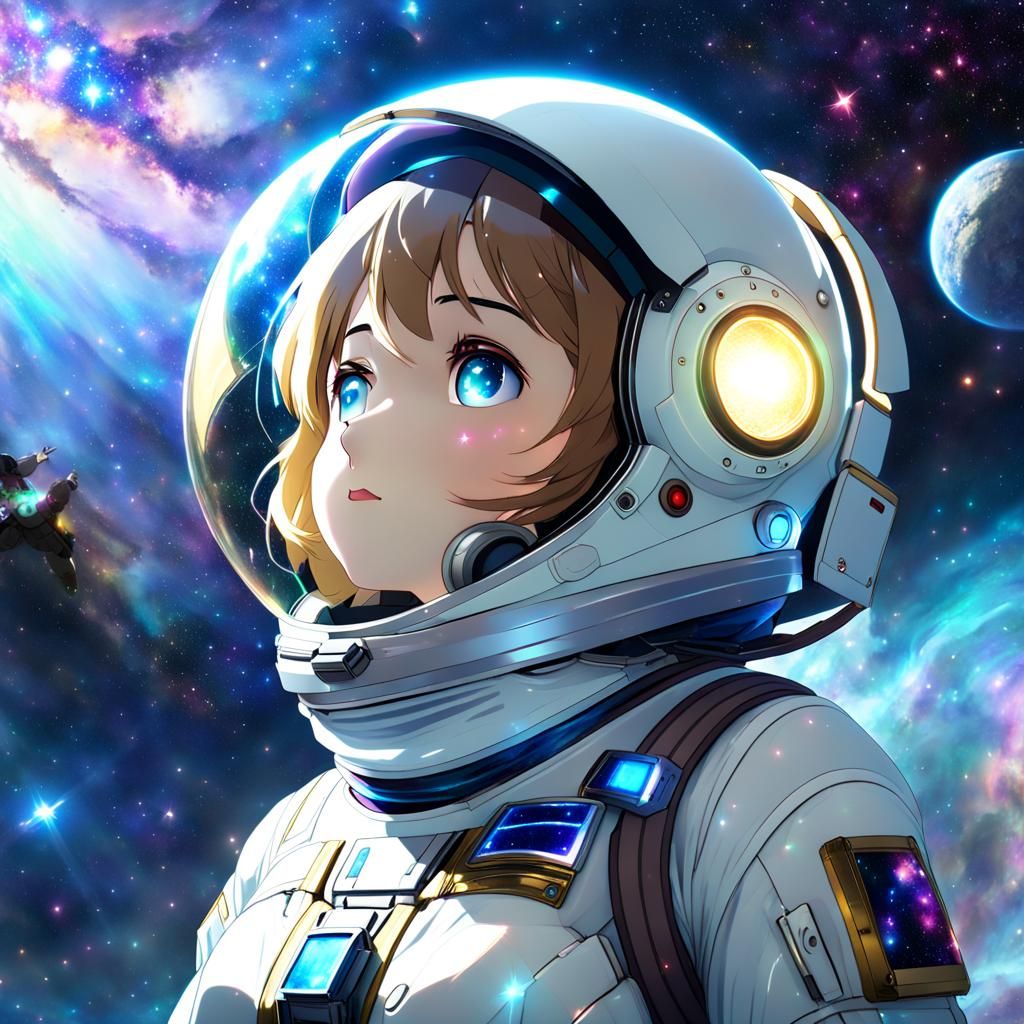 Anime Girl Stargazing in Space with Glowing Nebula