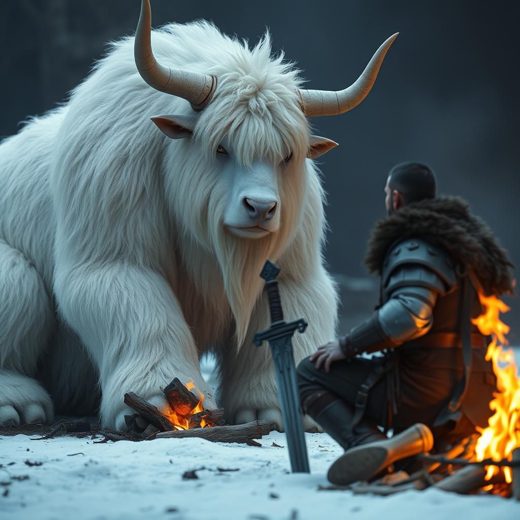 Mystical Albino Beast and Warrior by Campfire