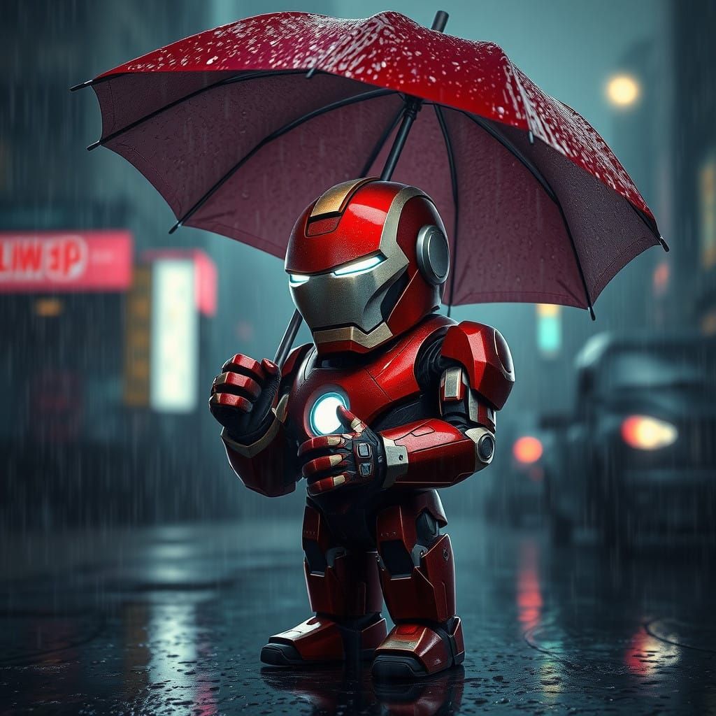 Cinematic Iron Man Concept Art in Moody Rainy Cityscape