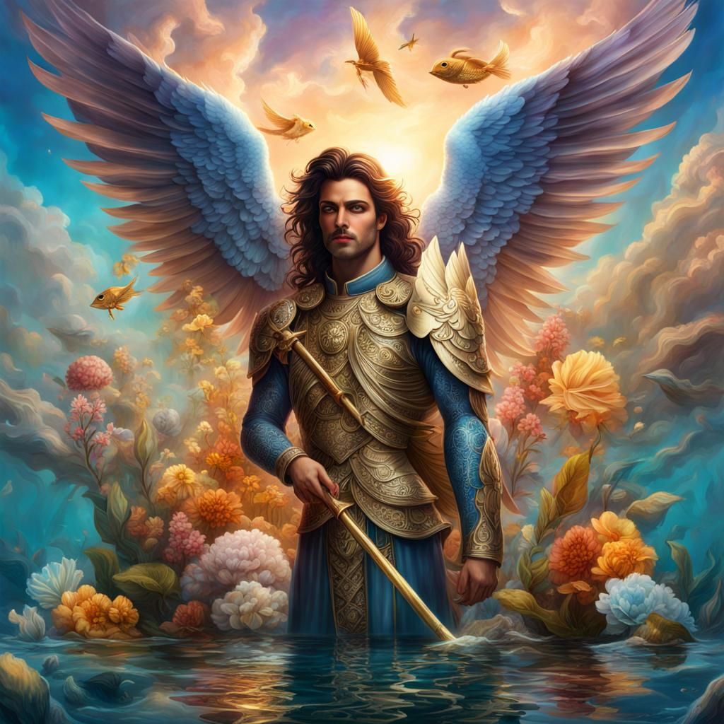 Underwater Archangel with Cross Staff in Hyperreal Style