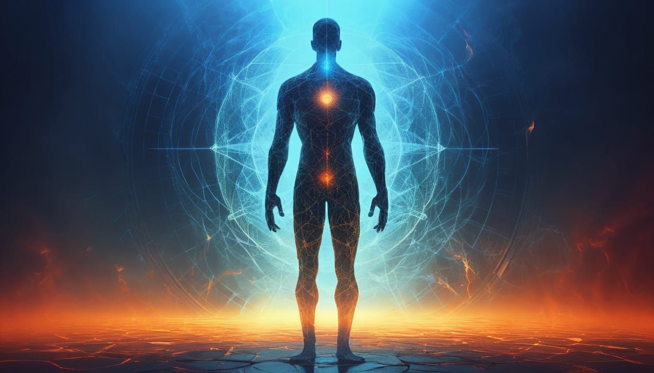 Abstract Human Figure Radiates Golden Light in Cinematic Com...