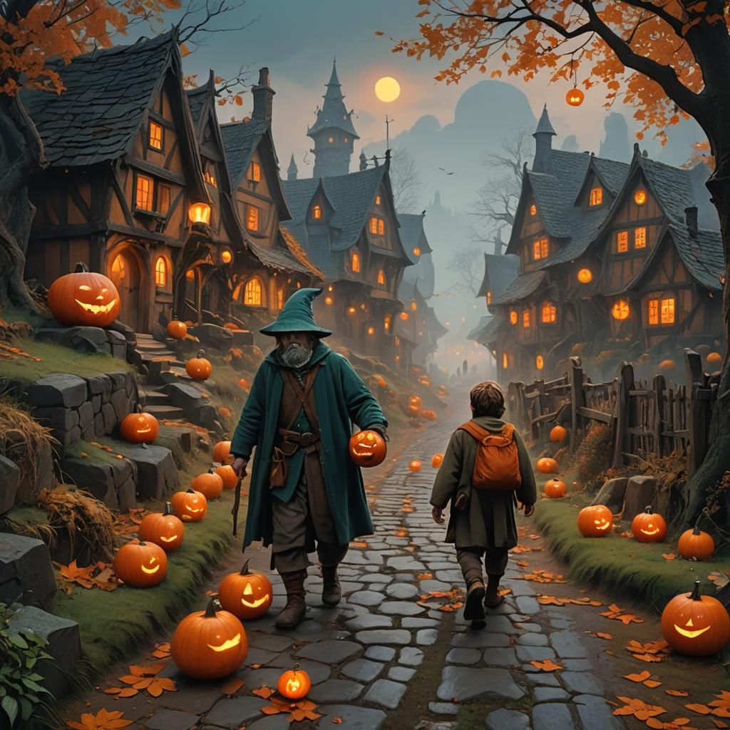 Hobbit Trick-or-Treating on Mystical Autumn Pathway