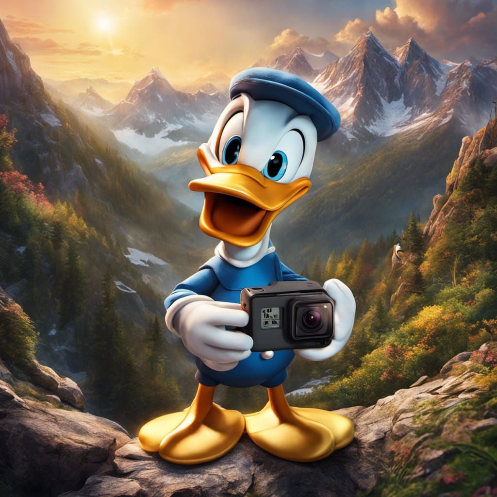 Donald Duck Captures Mountain Views, Hyperrealistic Splash A...