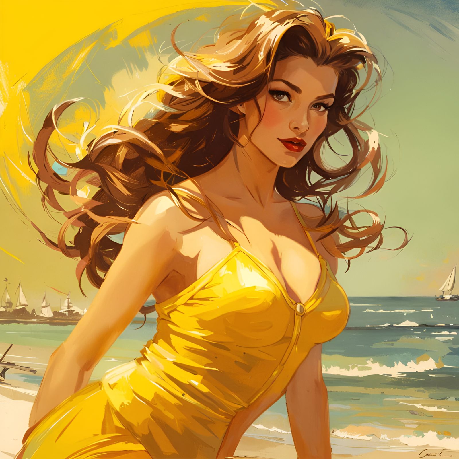 Belle in Yellow Swimsuit on Sunny Beach