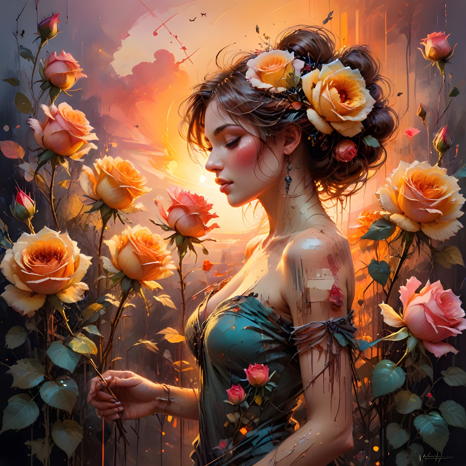 Giant Roses with Miniature Scenes, in Fantasy Art Style