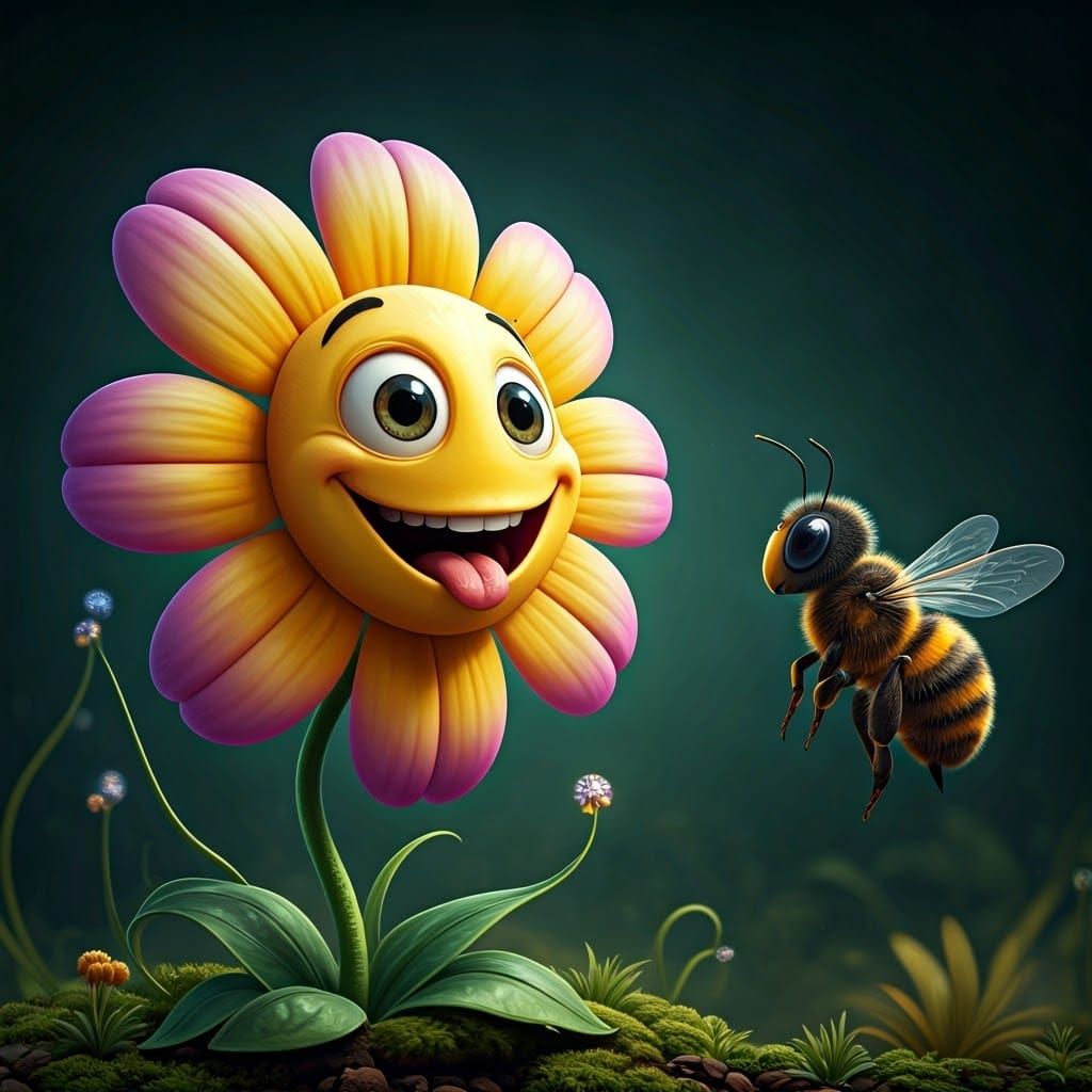 Whimsical Flower Smiles at Its Bee Friend in Vibrant Fantasy...
