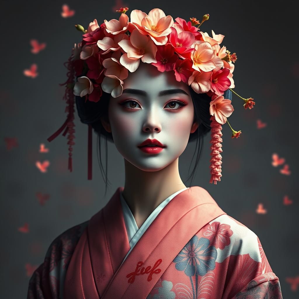 Geisha Portrait with Floral Veil in Art Nouveau Style