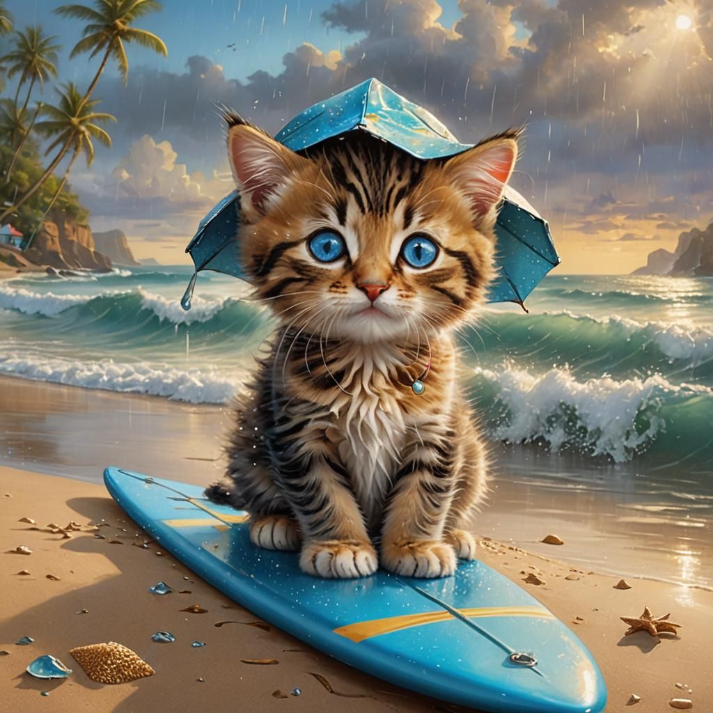 Kitten Hiding from Rain with Surfboard Hat