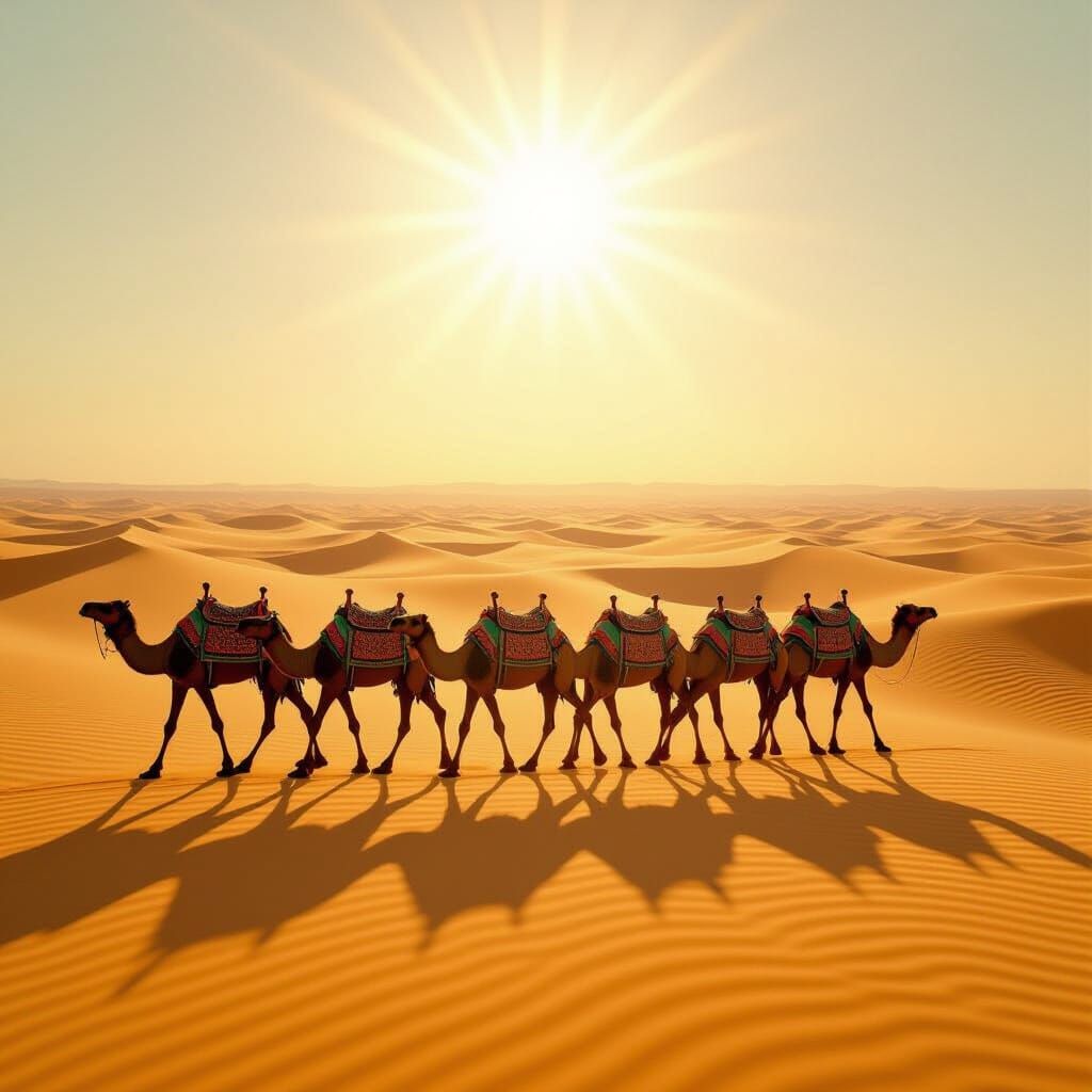 Joyful Camels in Desert Under Wes Anderson Sunshine
