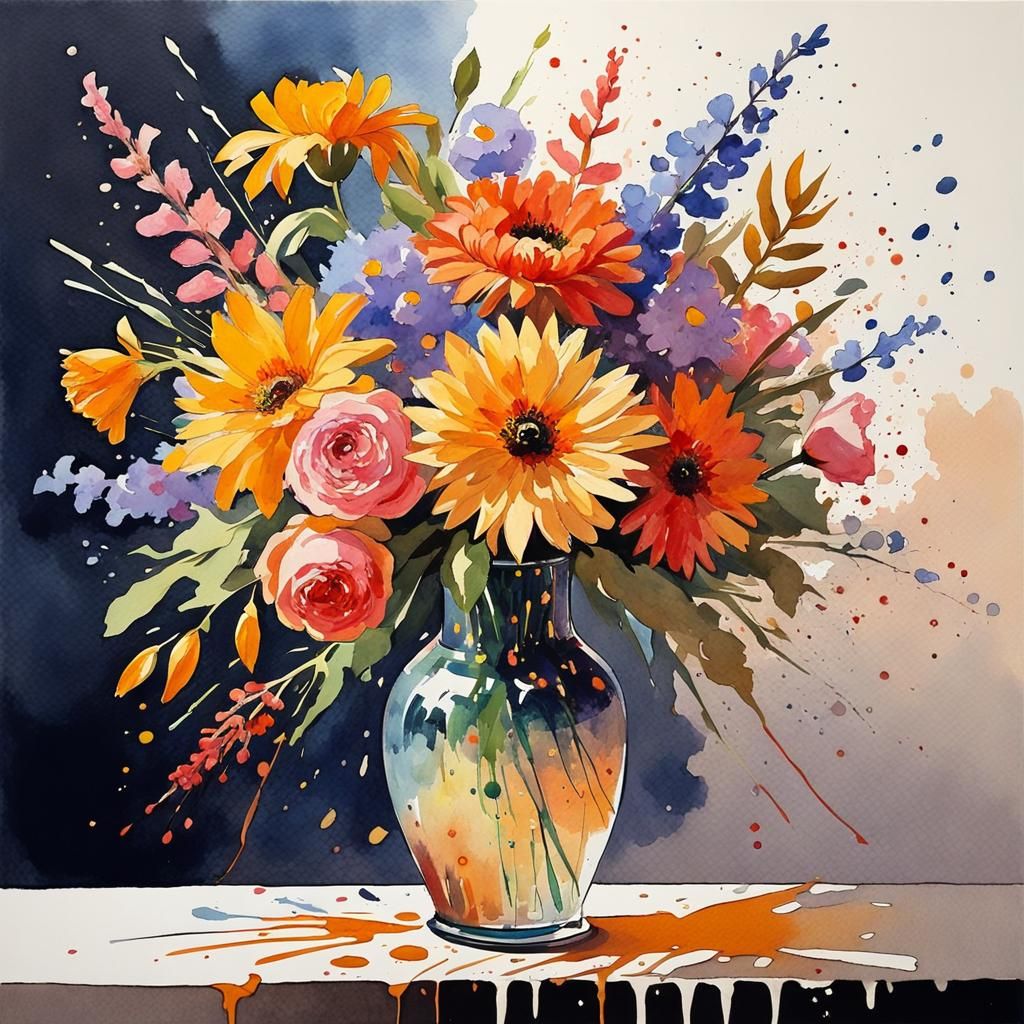 Floral Bouquet in Gouache and Watercolor Style