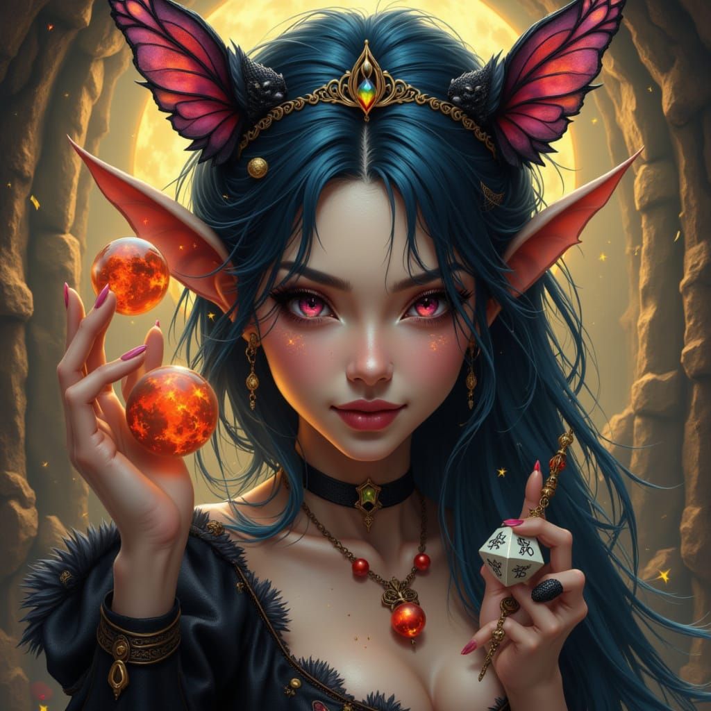 Gothic Academia Pixie Holding Dice in Dreamcore Style