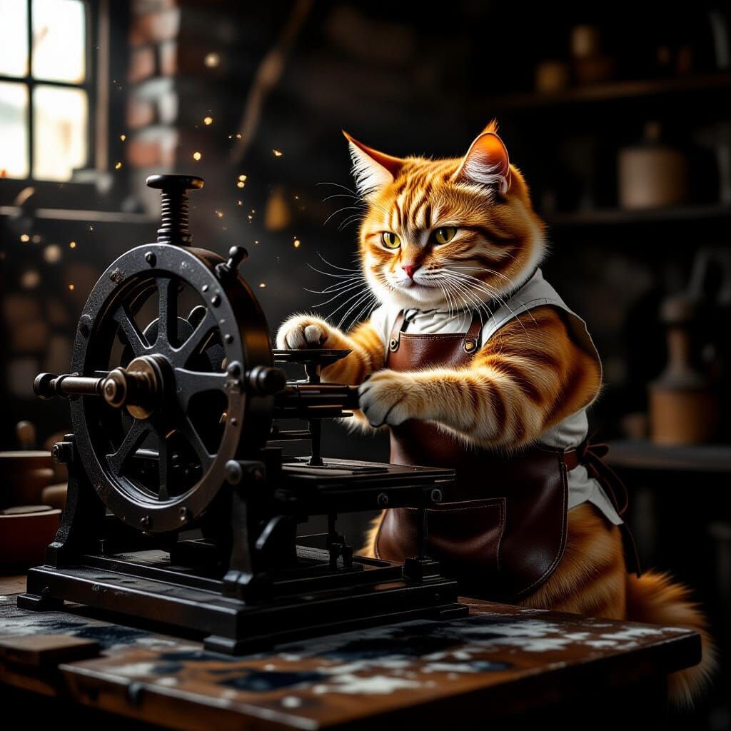 Ginger Cat Printer in Vintage Workshop, Caravaggio Style
