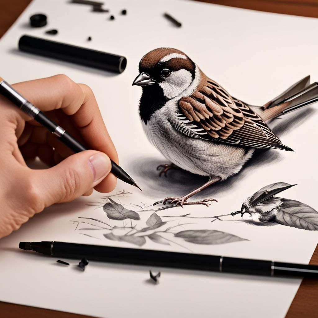 Hand Drawing a Sparrow with Pen and Ink