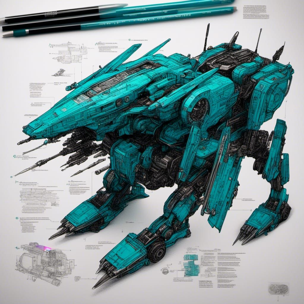 Detailed Schematic of Teal Eclipse Zord in CAD Style
