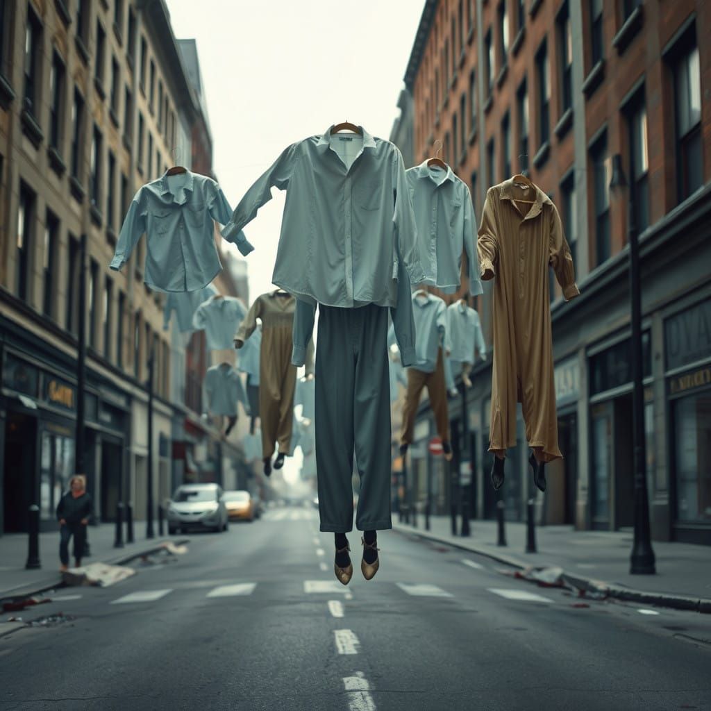 Surreal Abandoned Clothing Drifts in Mid-Air on Desolate Cit...