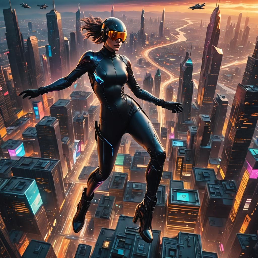 Woman in Inflated Bodysuit Flying Through Futuristic City