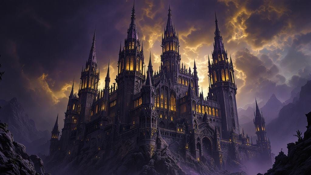 Foreboding Castle with Mythical Carvings in Dark Fantasy Sty...