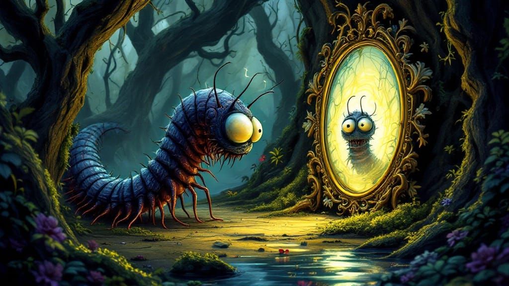 Enchanted Centipede Contemplates Mystical Mirror in Whimsica...