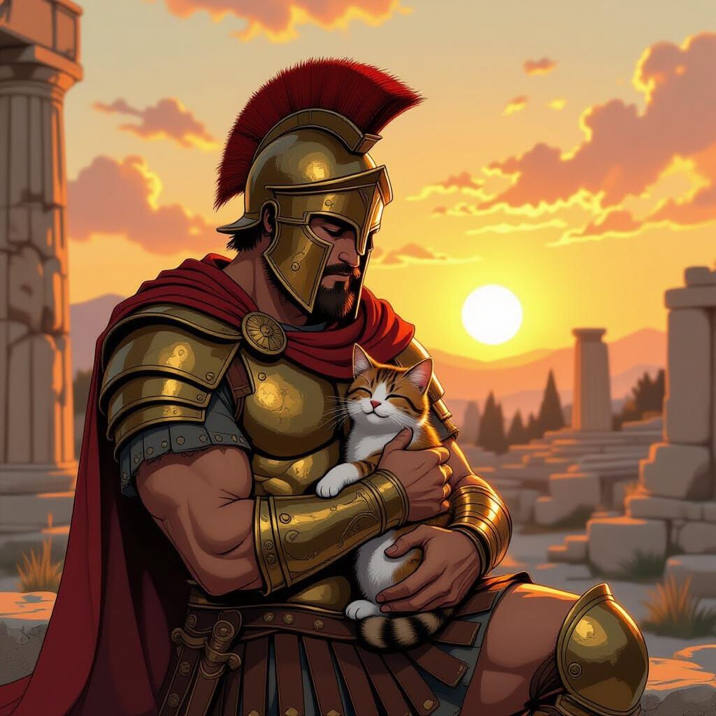 Ancient Greek Warrior Holds Cat at Sunrise