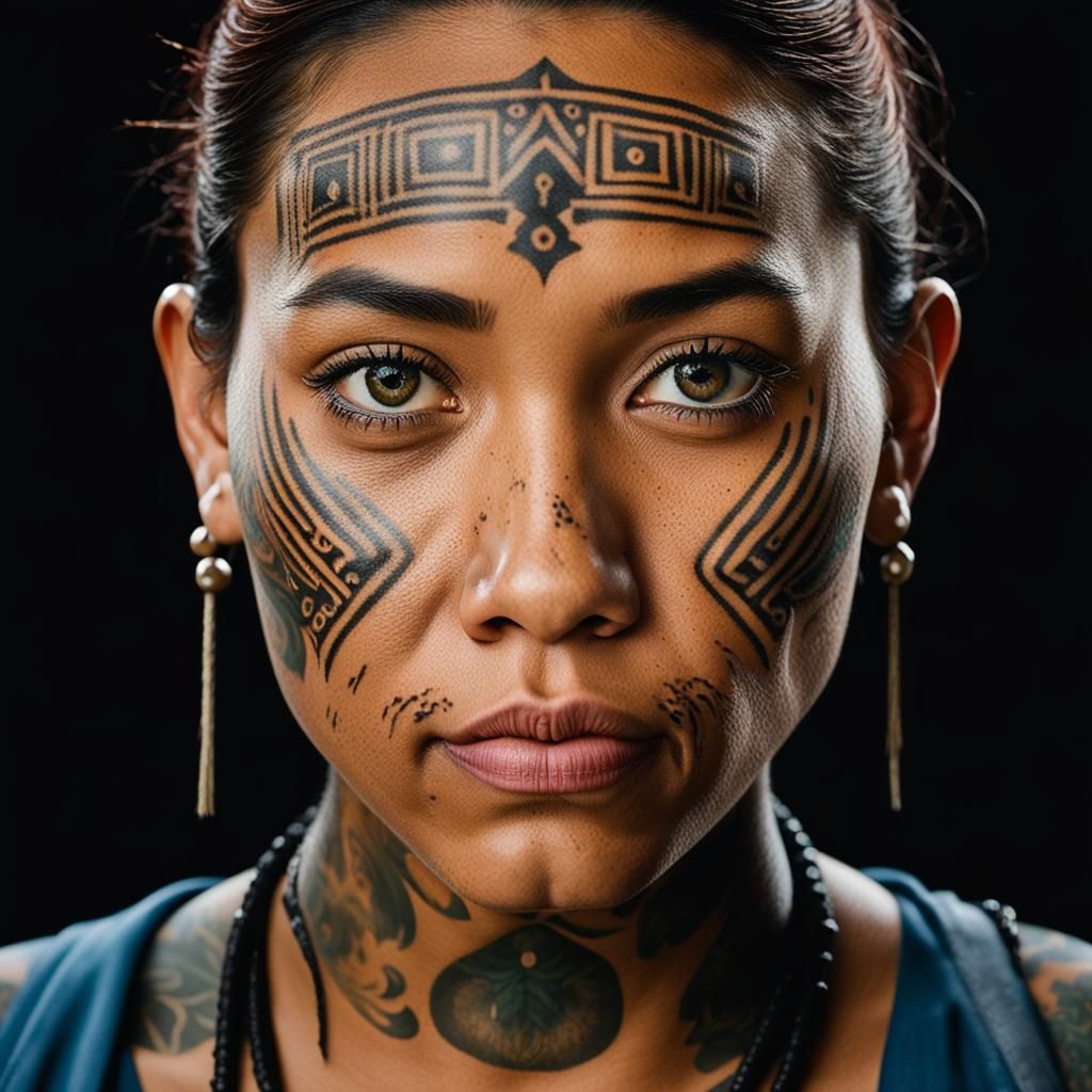 Aotearoa Girl with Traditional Chin Tattoo Portrait