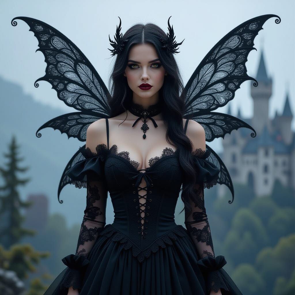 Dark Fairy with Black Lace Wings and Gothic Dress