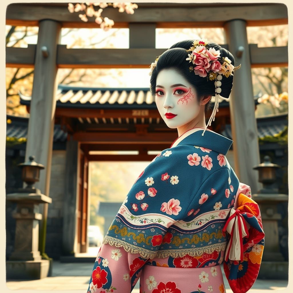 Geisha at Torii Gate in Japanese Ukiyo-e Style