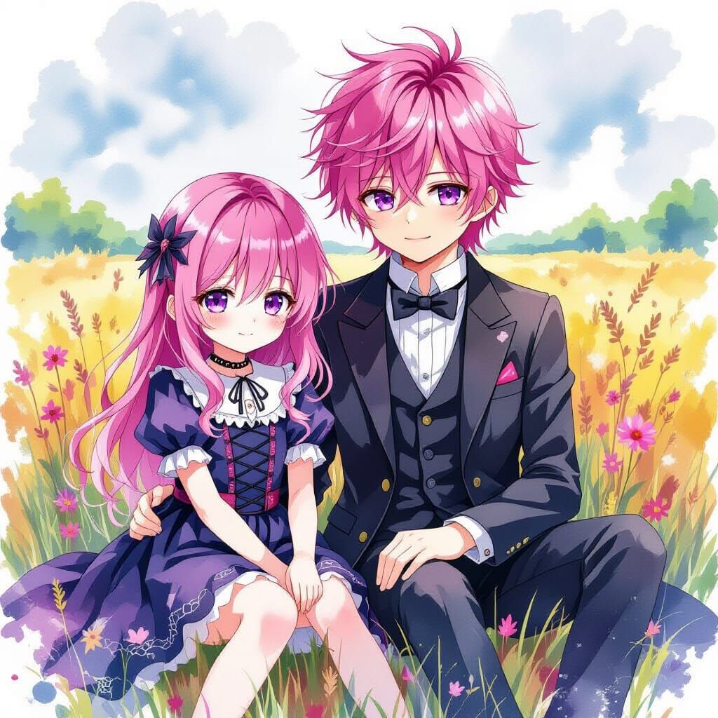 Gothic Siblings in Summer Field, Watercolor Style