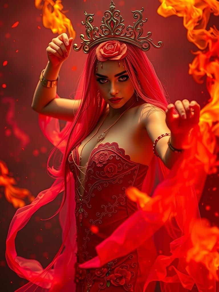 Elegant Genie Dances in Red Flames