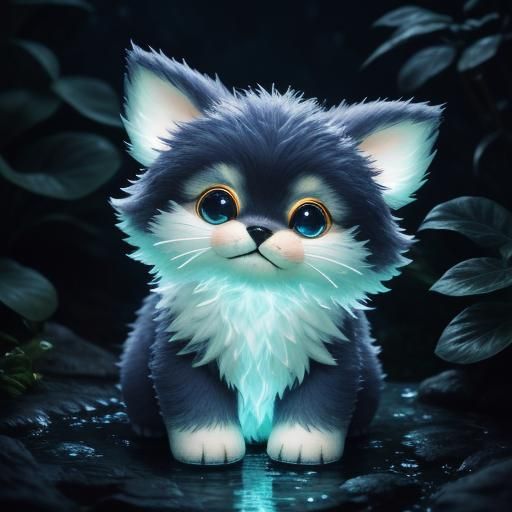 Chibi Puppy with Bioluminescent Waterfall in Garden