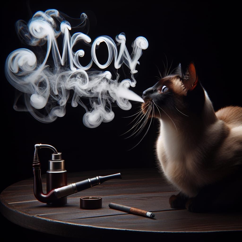 Siamese Cat Exhaling Smoke 'Meow' Message