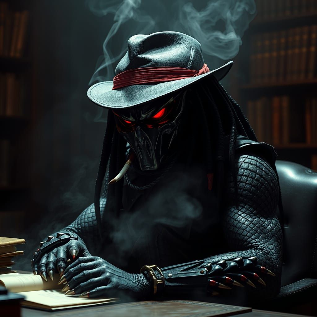Dark Film Noir Predator in Worn Fedora, Red Eyes, and Crimso...