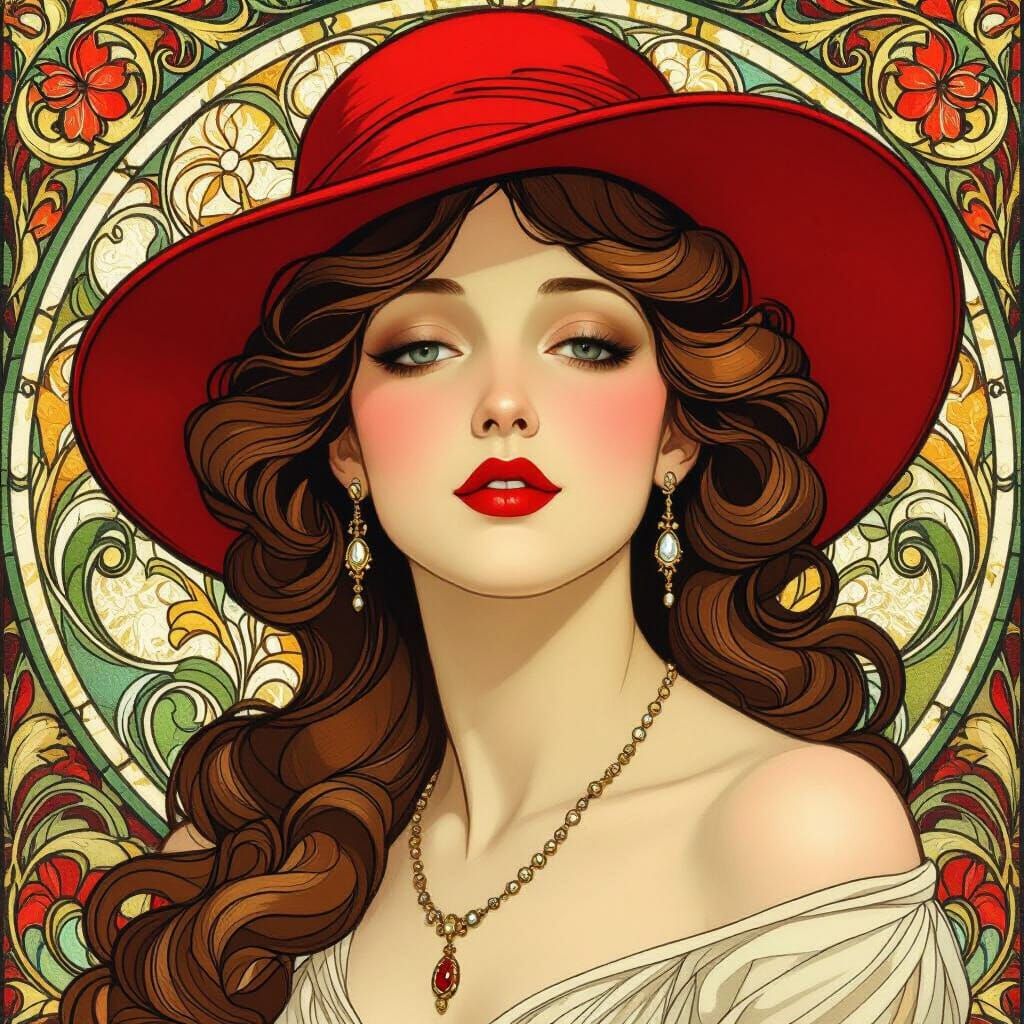 Art Nouveau Portrait: Lady in Red Hat with Flowing Hair
