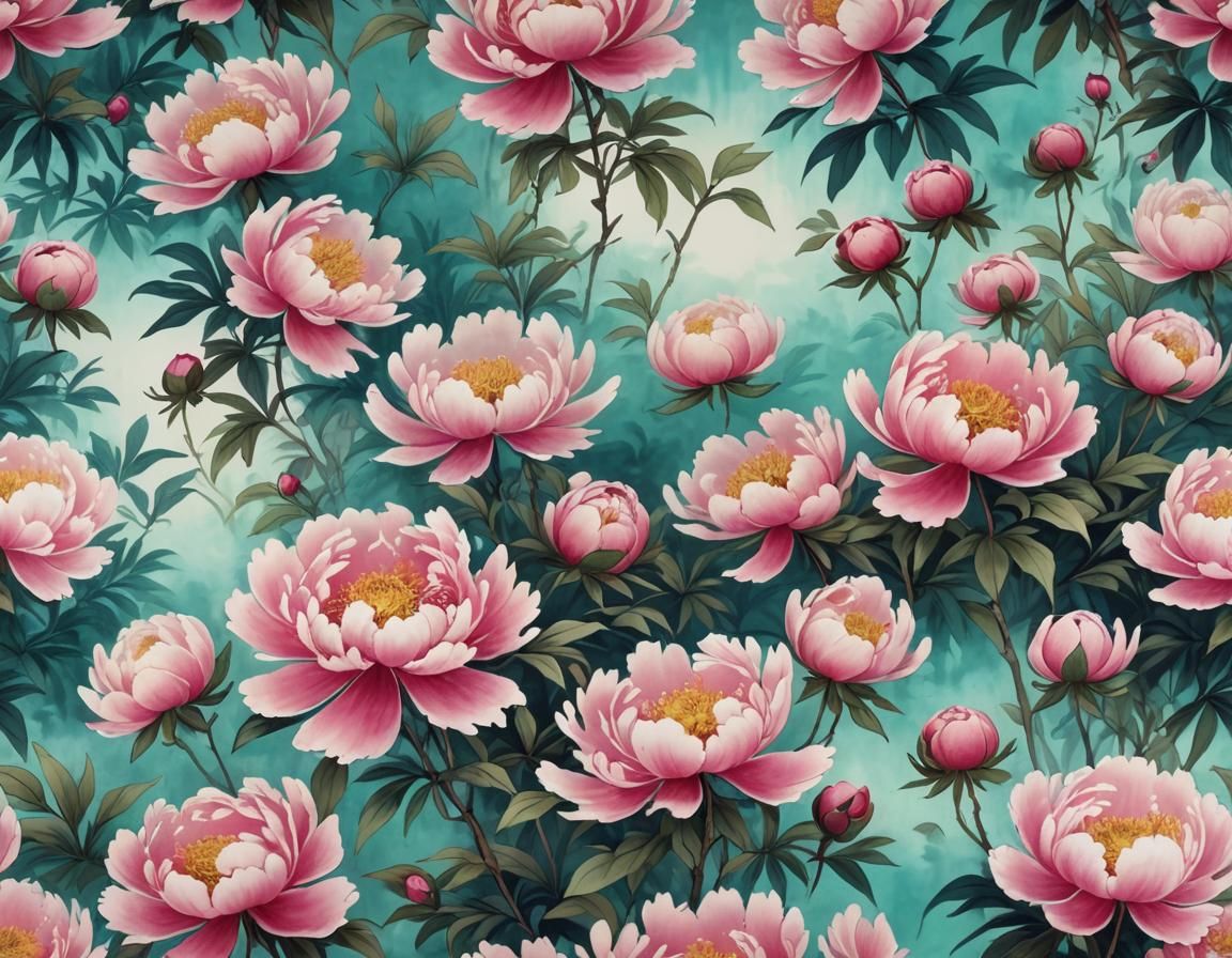 Peony Garden in Guó Huà Chinese Brush Style