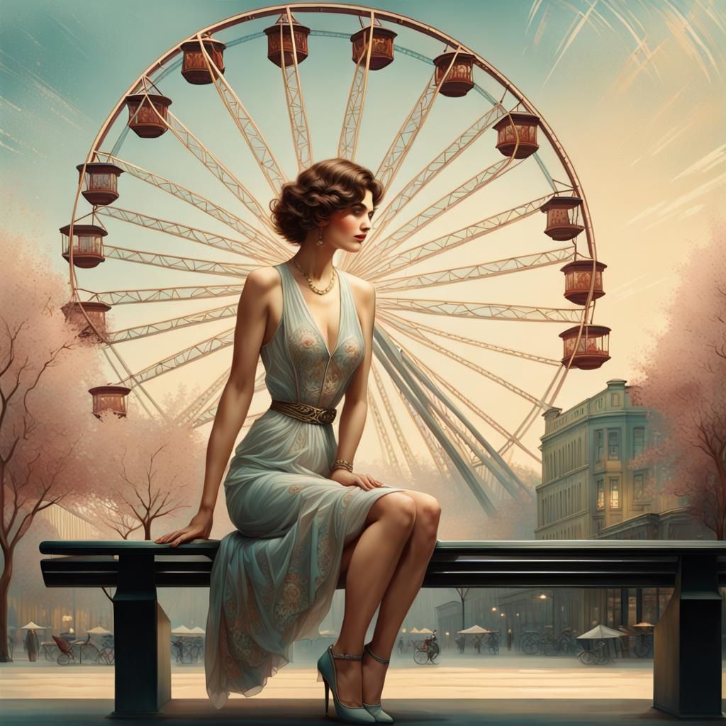Magical Realism: Lady at Ferris Wheel in Art Deco Setting
