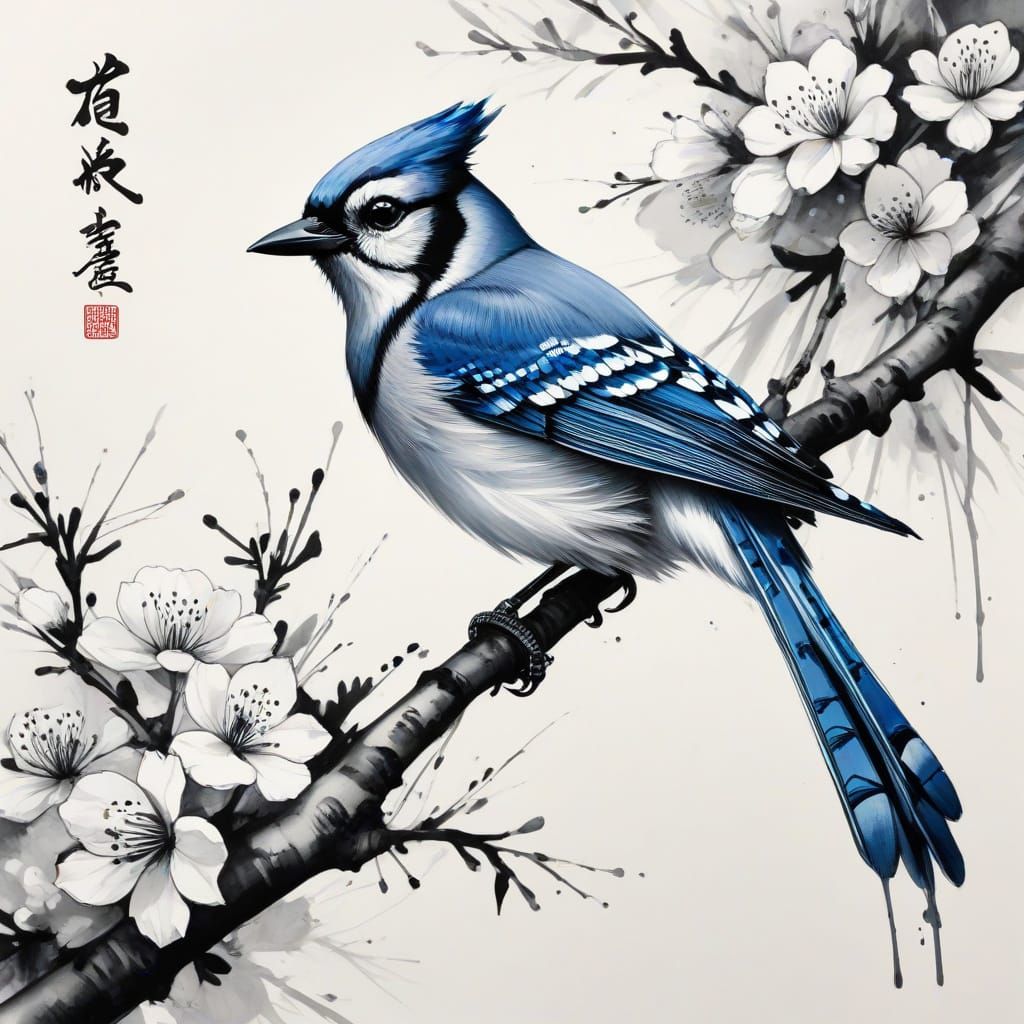 Sweeping Ink Strokes Capture Blue Jay's Emotional Flight