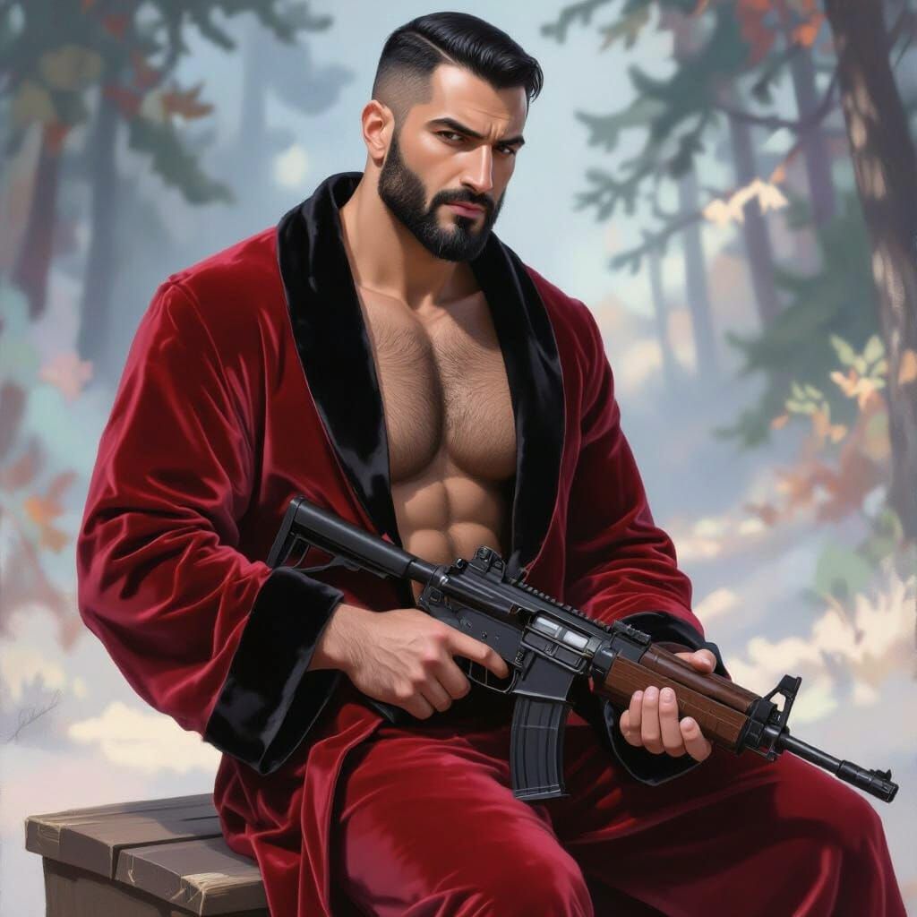 Anxious Man in Autumn Forest Holding Gun