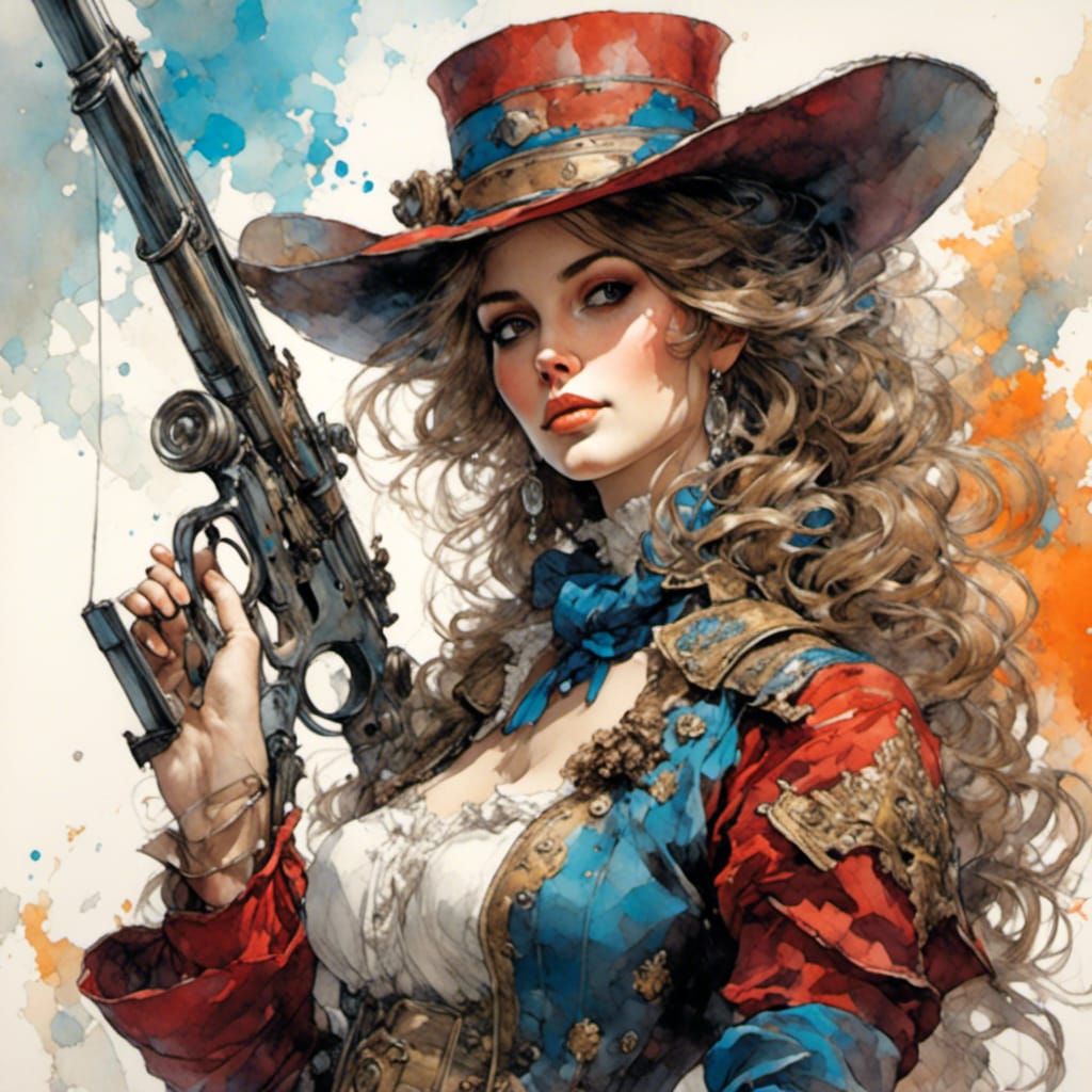 Musketeer Woman with Gatling Gun, Detailed Concept Art