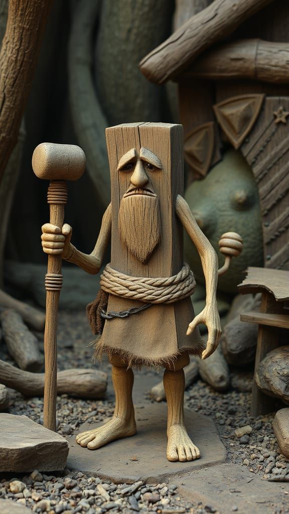 Primitive Wood Warrior in Rustic Landscape