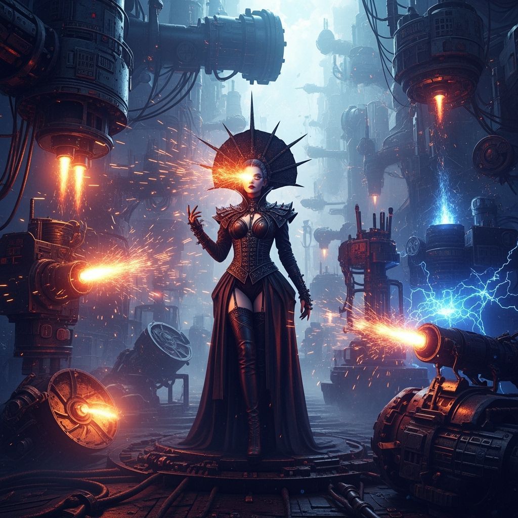Gothic Woman in Industrial Cyberpunk Landscape
