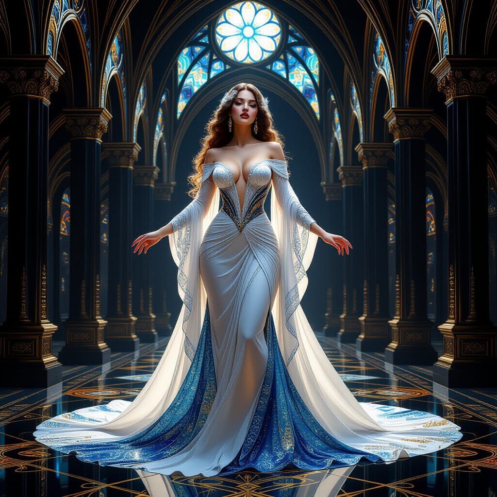 A stunning Art Nouveau-inspired digital painting of a volupt...