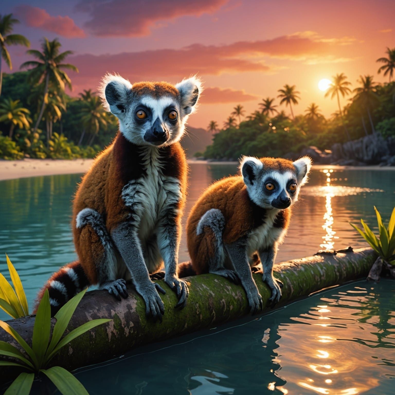 Hyperdetailed Lemurs in Tropical Sunset, Photorealistic Wild...