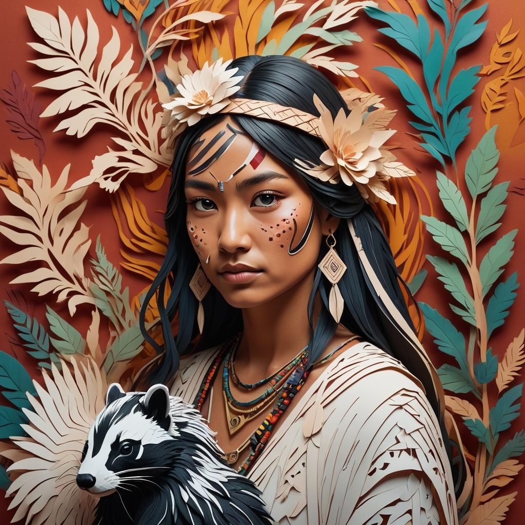 Native Woman and Skunk in Hyperrealistic Splash Art