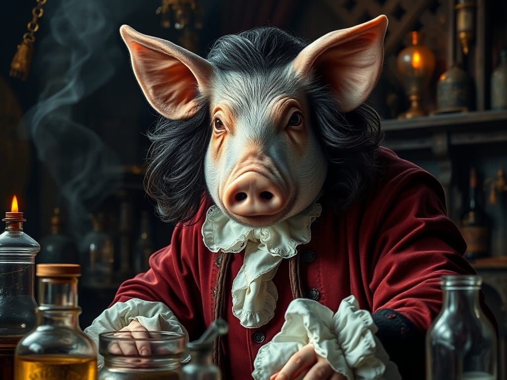 17th Century Pig-Headed Alchemist in Laboratory